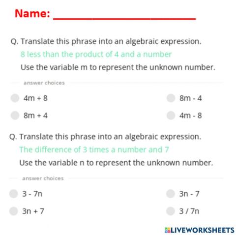 Writing Algebraic Expressions