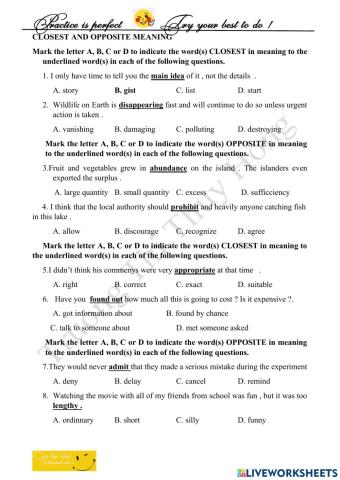 Closest and opposite meaning