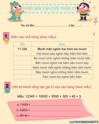 Phiếu bài tập toán tuần 27