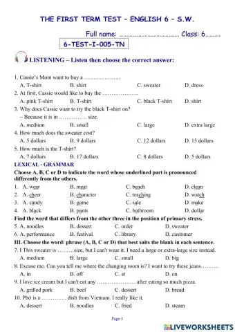 Tieng Anh lop 6 SW -1st Term test 05