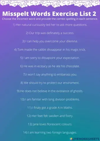 Misspelt Words Exercise List 2
