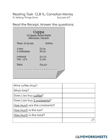 CLB 1L Reading a Receipt