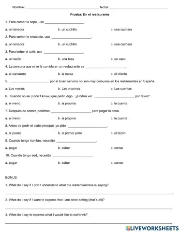 En el restaurante: prueba