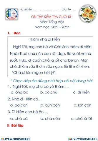 Phiếu ôn TV cuối tuần