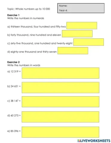 Whole numbers up to 10 000 (in words)