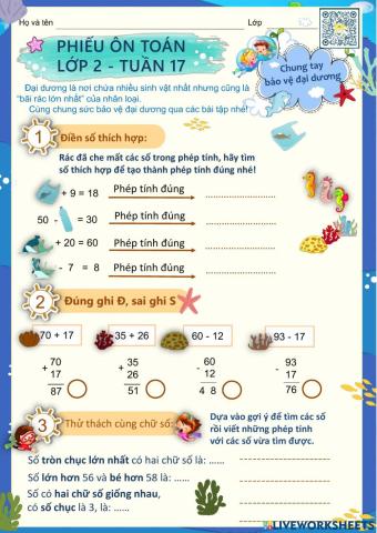 Lớp 2 - Ôn Toán - Tuần 17