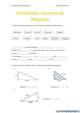 Actividades Teorema de Pitágoras