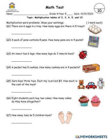 Multiplication Word Problems Test
