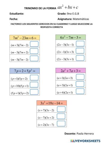 TRINOMIO DE LA FORMA ax2+bx+c