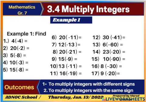 Multiply Integers Example 1