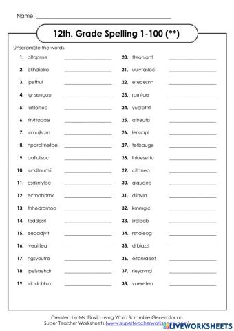 12trh, Grade Spelling Review 1-100