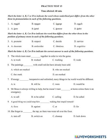 Thi lop 10 - PRACTICE TEST 15