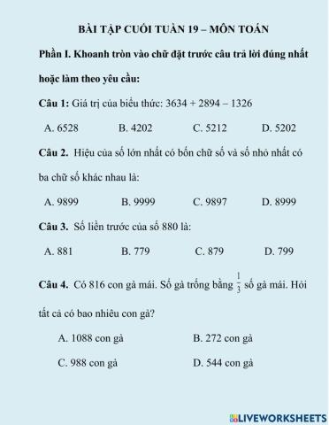 Bài cuối tuần môn Toán