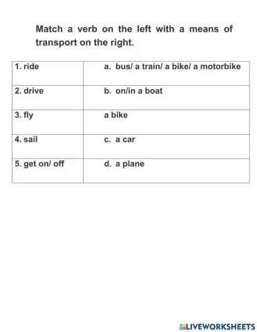 Match a verb on the left with a means of transport on the right.
