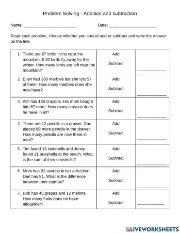 Problem Solving - Addition and Subtraction