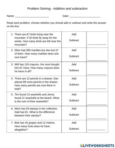 Problem Solving - Addition and Subtraction