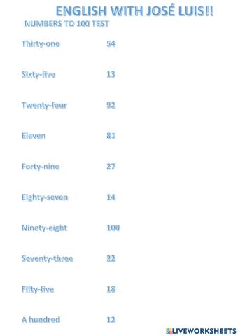 Number test to 100