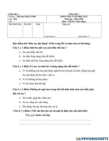 Ôn Tiếng Việt học kì 1- lớp 2- đề 3