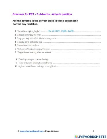 Grammar for PET - 2. Adverbs - Adverb position
