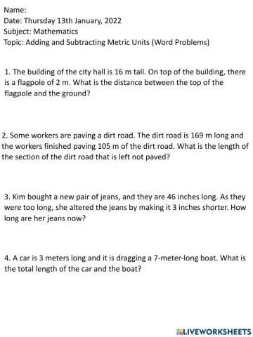 Addition- Subtraction with metric units