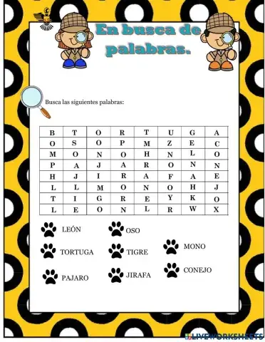 Sopa de letra de animales de la selva