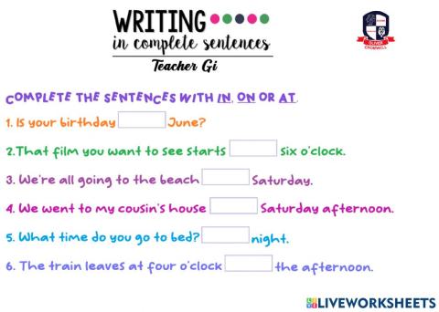 Prepositions for time: At, in, on