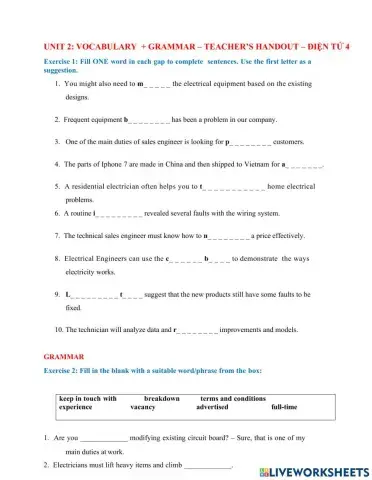 Unit 2- Vocabulary and grammar- Teacher's handout- Điện Tử 4