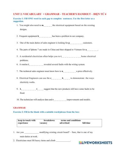 Unit 2- Vocabulary and grammar- Teacher's handout- Điện Tử 4
