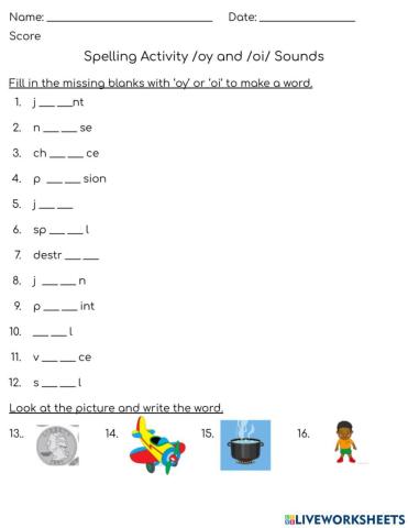 Oi and Oy Spelling Activity