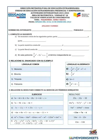 Suma y resta de monomios polinomios