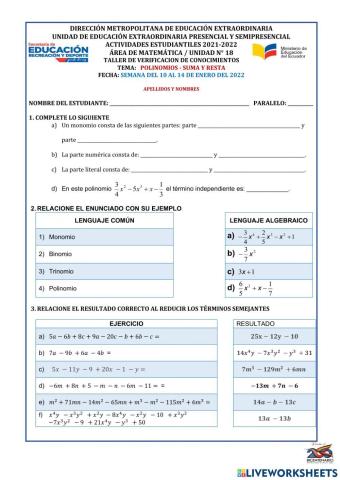 Suma y resta de monomios polinomios