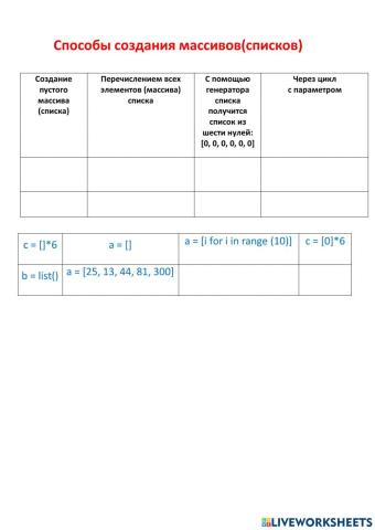 Способы создания массивов(списков)