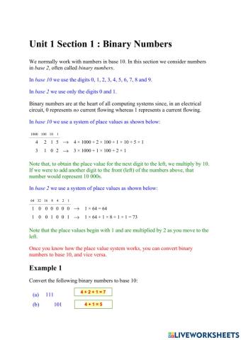 Unit 1 Section 1 : Binary Numbers 2