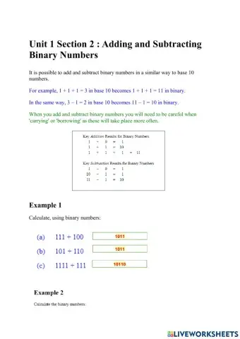 Unit 1 Section 2 : Adding and Subtracting Binary Numbers