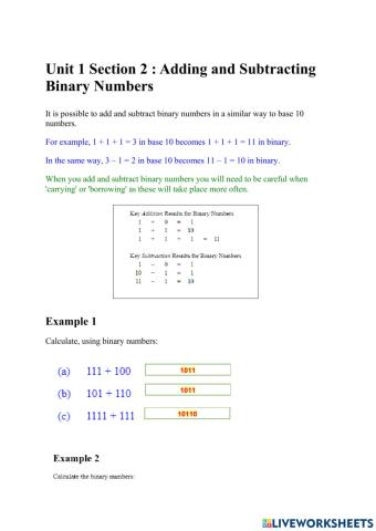 Unit 1 Section 2 : Adding and Subtracting Binary Numbers