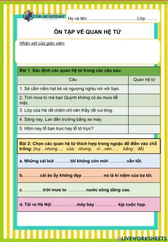 LTVC Ôn tập về quan hệ từ