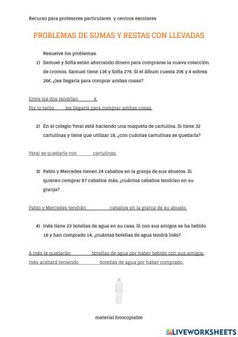 Problemas sumas y restas con llevadas