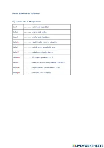 Sõnade muutmine ehk käänamine, 3. klass