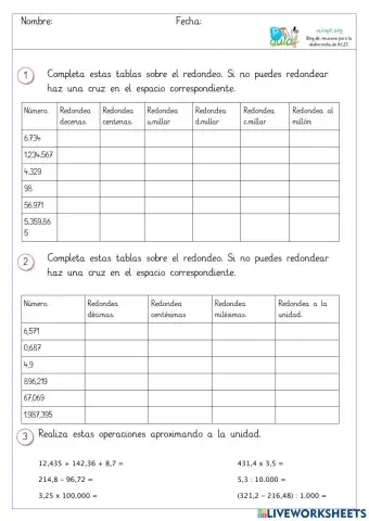 Ficha de redondeo y estimación 6º Primaria
