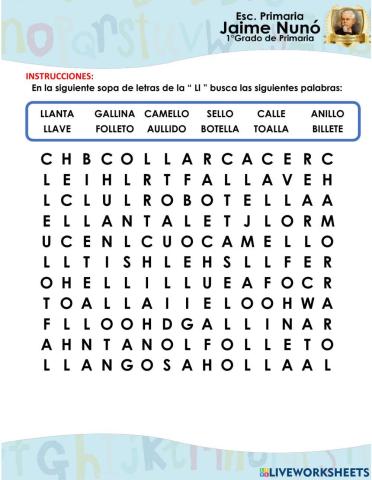 Sopa de letras con la Letra Ll