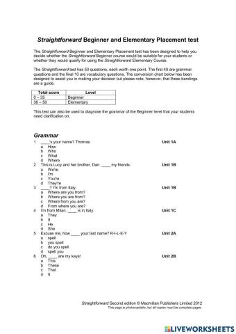 Beginner elementary placement test