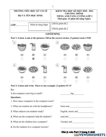 Listening skill HK1 grade 3