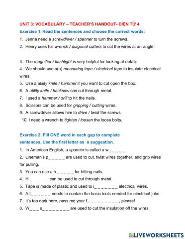 Unit 3- Vocabualry - Teacher's handout - Điện Tử 4