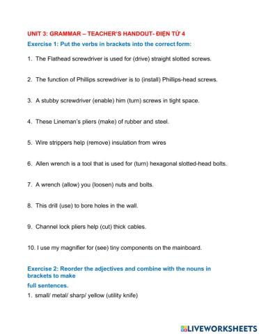 Unit 3- Grammar - Teacher's handout - Điện Tử 4