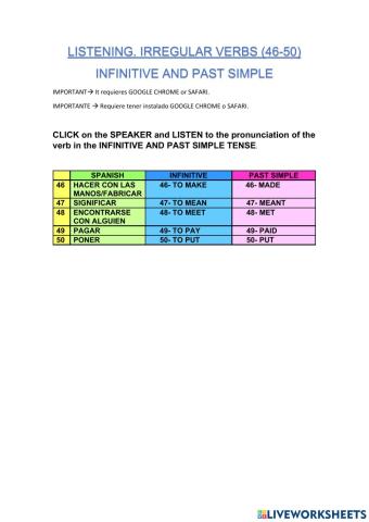 9- IRREGULAR VERBS. INFINITIVE-PAST SIMPLE. 46-50. LISTENING
