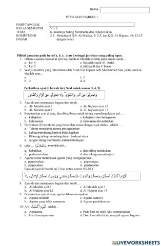 Penilaian Harian PAI Kelas VI Genap Bab 1