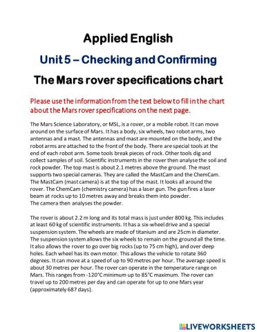 Applied English - Mars Rover specifications