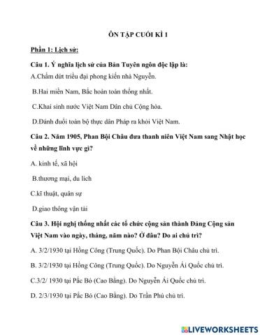Lịch sử-Địa lí ôn tập cuối kì 1