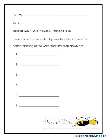 Spelling Quiz - Short O - word family
