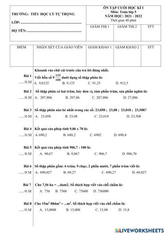Toán 5-Ôn tập cuối kì 1